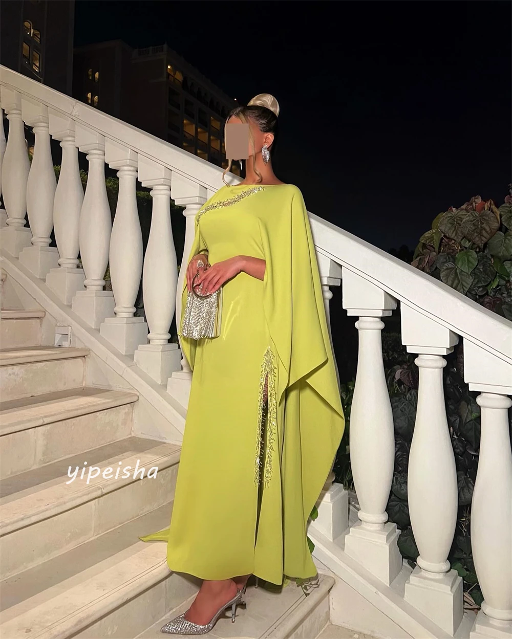 Vestido de noche de Arabia Saudita con lentejuelas, traje Midi fruncido de Navidad, cuello alto, a medida