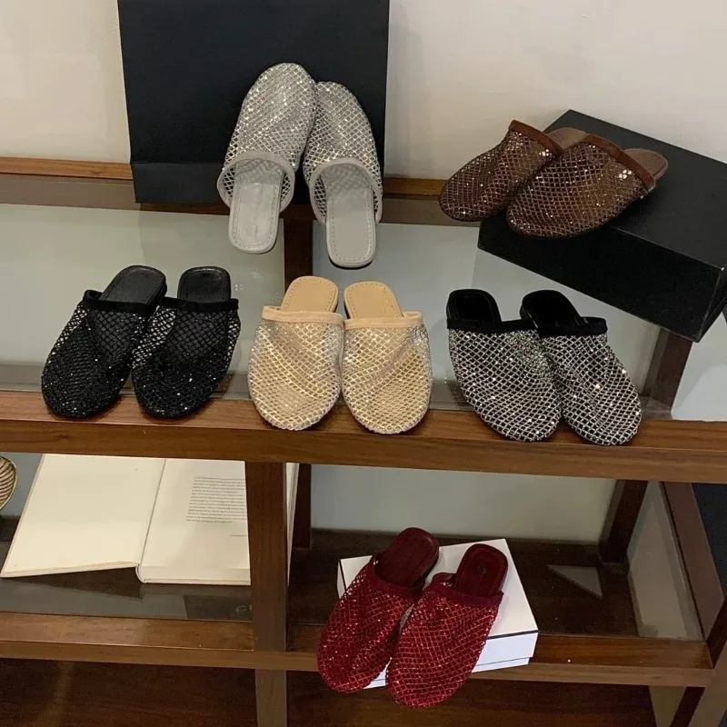 

Shiny Rhinestone Mesh Flats Women Slippers Summer Comfortable Slip on Black Fashion Sandals Crystal Ladies Shoes Flip Flops New