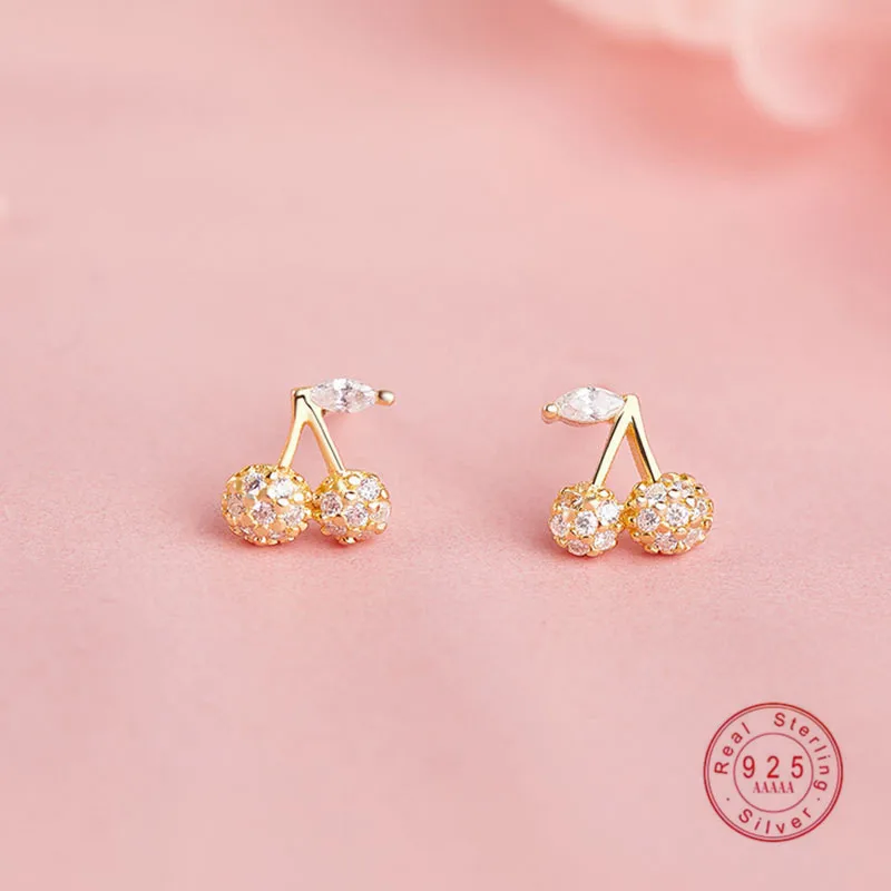 

HI MAN 925 Sterling Silver Korea Small Charm Zircon Cherry Stud Earrings Women Exquisite Banquet Jewelry Gift