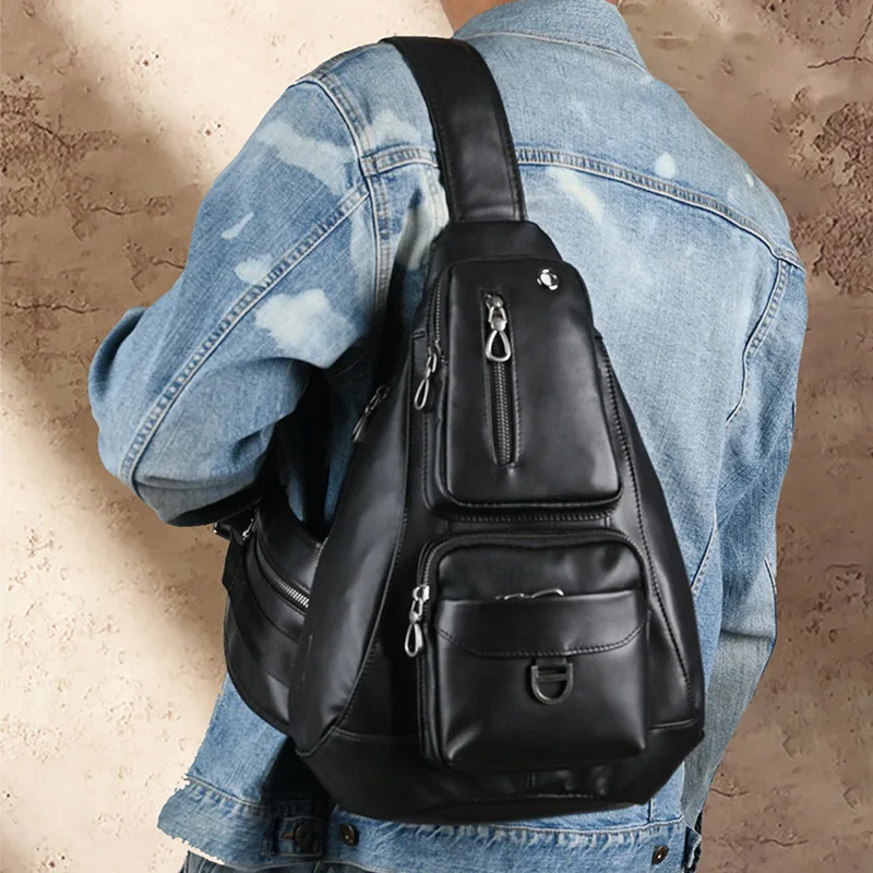 Black Genuine Cowhide Leather Men's Sling Backpack Multi Functional Crossbody Chest Bag Casual Retro Urban Commuting Travel Bags