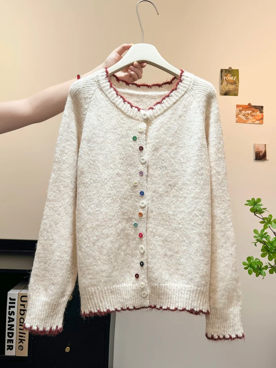 韓国カラーブロックカーディガン女性ボタンセータージャケットソフトルーズ秋トップ