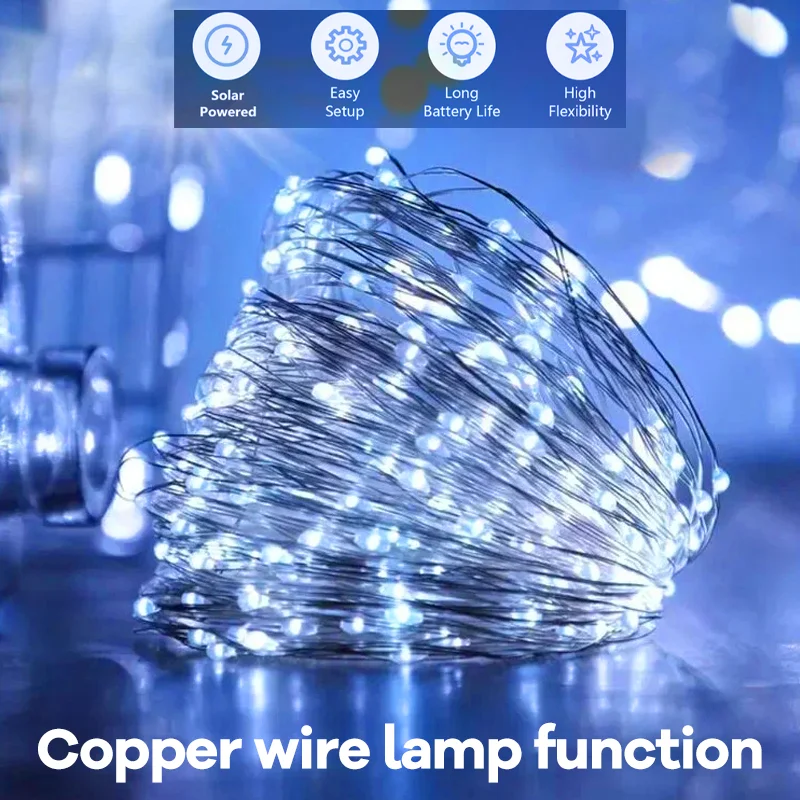 IRILUCN 6pcs Solar string lights Outdoor waterproof solar powered copper wire 8 mode fairy lights Wedding party Christmas tree