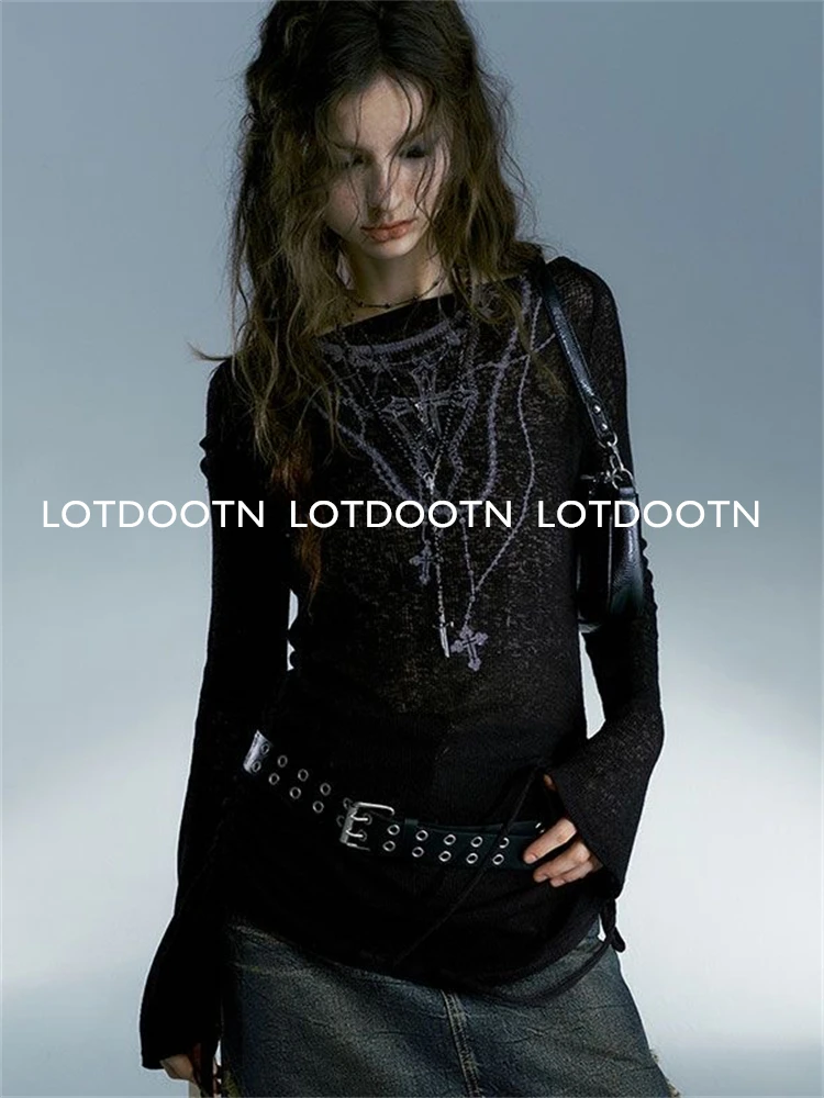 LOTDOOTN Japanese Y2k Knitted Tops Grunge Print Long Sleeve T-shirts Perspective Vintage Harajuku Shirring Knitwear 2000s Gothic