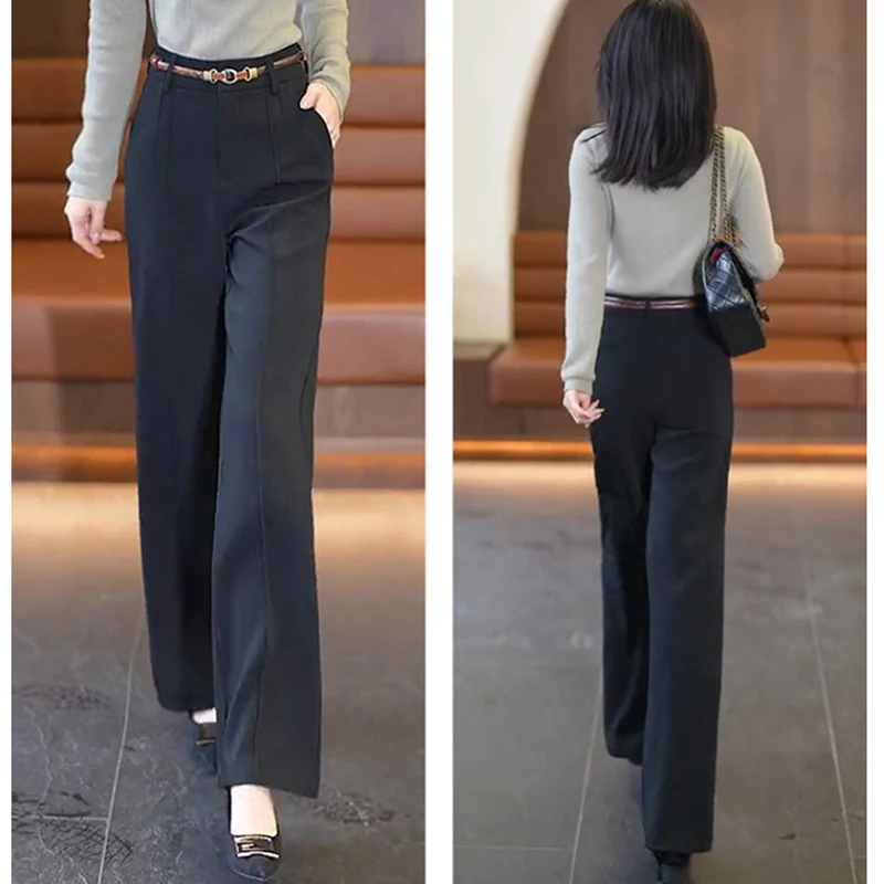 Spring And Summer 2024 New Narrow Wide-leg Pants Women With High Waist And Loose Slim Casual Straight Solid Color Casual Pants