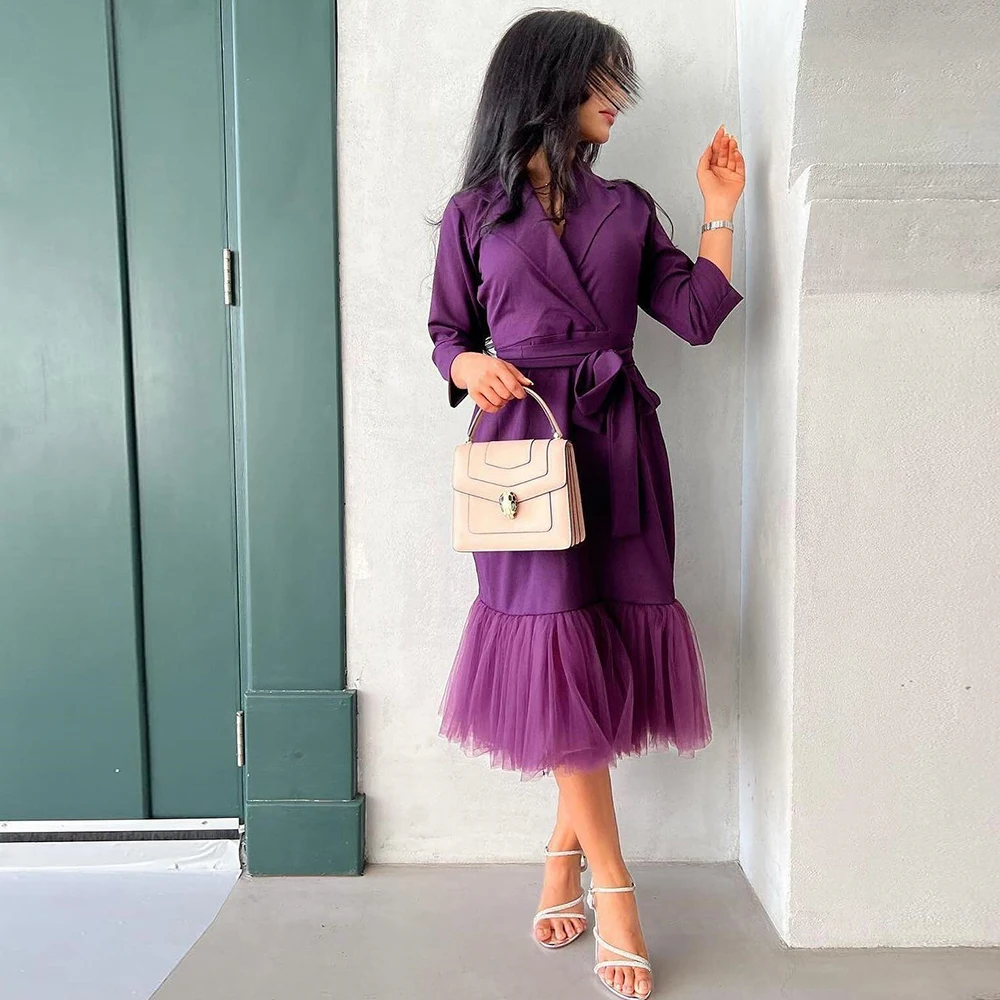 

Formal Straight Evening Tea Length V-neck Long sleeves Jersey Belt Purple Bespoke Occasion Gowns Pleats Prom Gowns Dubai