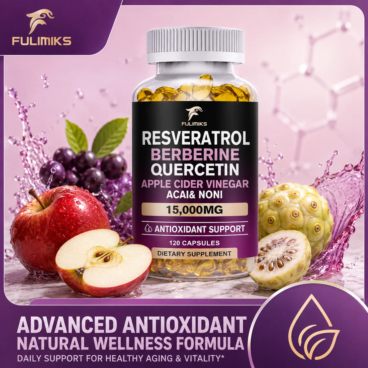 

High Absorption Resveratrol 15000mg Capsules, with Berberine, Quercetin, Supports Antioxidant, Metabolism, Anti-Aging & Immune