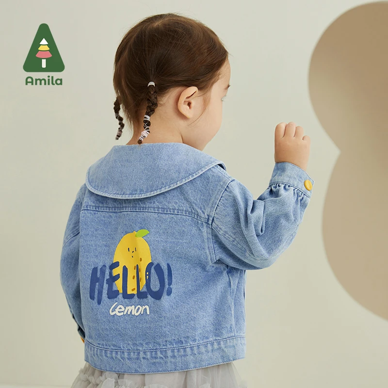 

Amila Baby Girls Denim Jacket 2023 Spring New Cute Cartoon Doll Collar Coat All-match Casual Children Clothing 0-6 Years