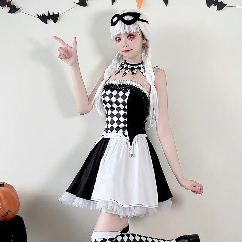 Halloween Clown Circus Costumes Japanese Anime Lolita Women Cosplay Party Dress School Girl Clown Role Play Plaid Uniform 2024