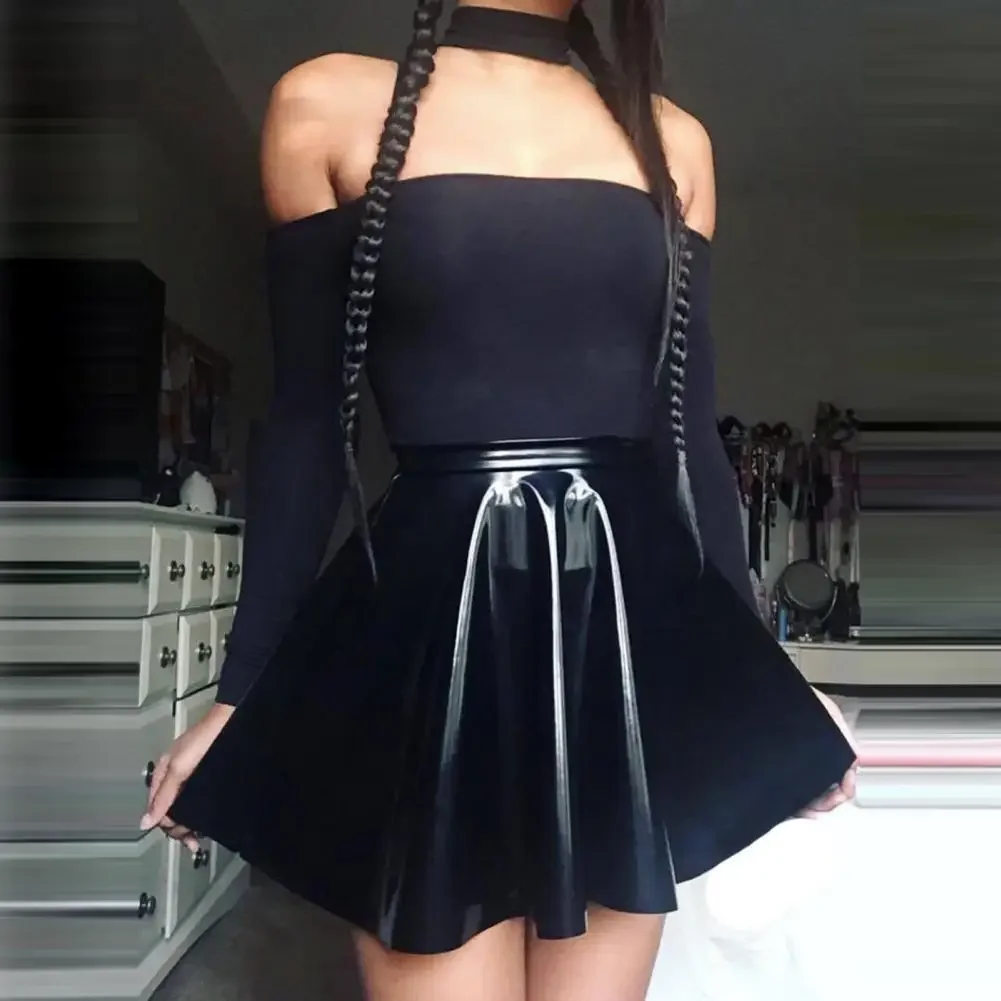 Solid Color Skirt Women Mini Skirt Elegant High-waisted Women's Skater Skirt in Mirror Glossy Faux Leather for Work Leisure