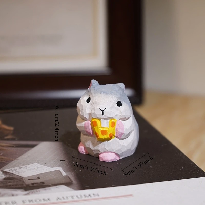 1PC Cheese Nibbling Hamster Hand Carved Wood Sculpture Adorable Rodent Figurine Office Bookshelf Decoration Cute Animal Ornament