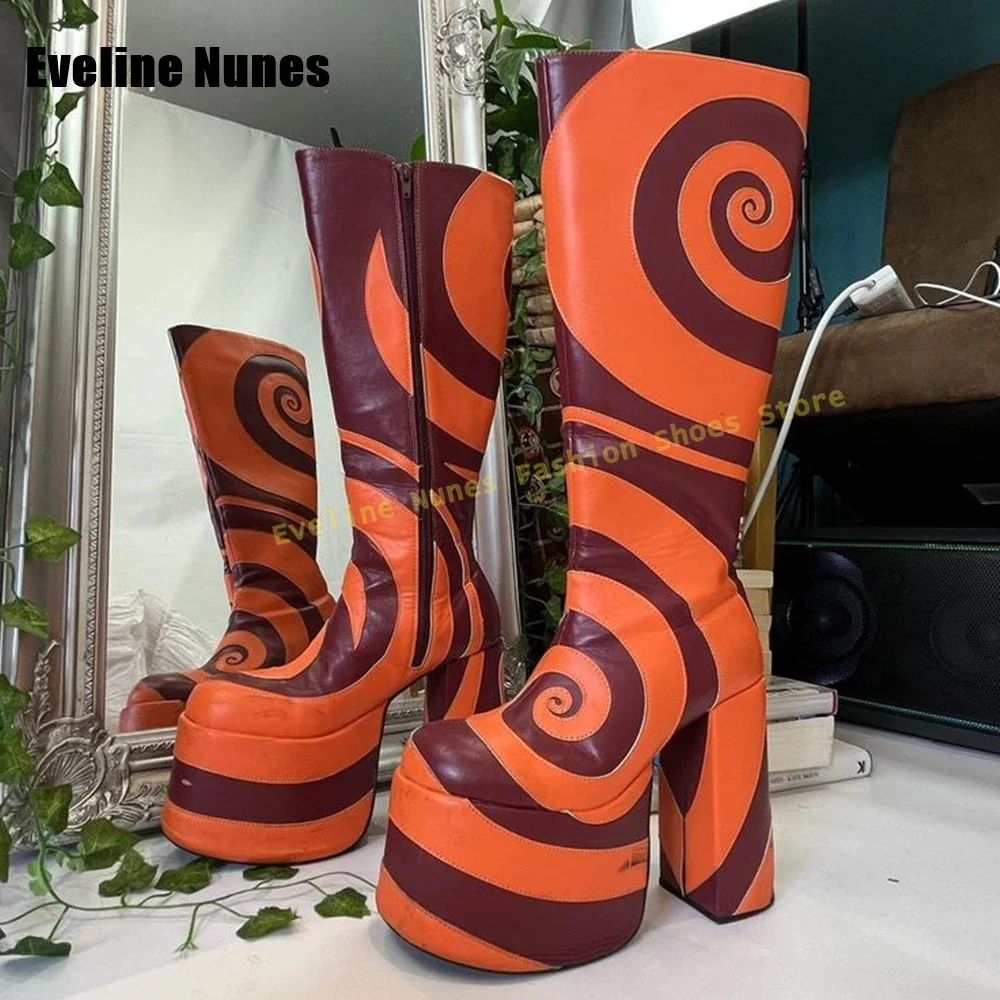 Fashion Stretch Boots 2025 New Style Swirl Applique Knee High Boots Round Toe Chunky Heel Black and White Color Matching Pull On