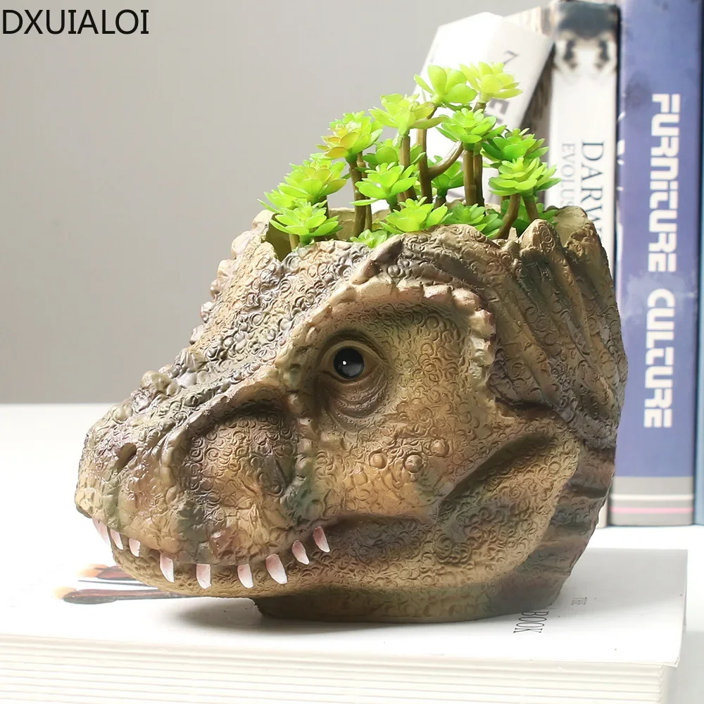 DXUIALOI resin Tyrannosaurus head contour flower pot desktop potted simple breathable plant flower pot home decoration