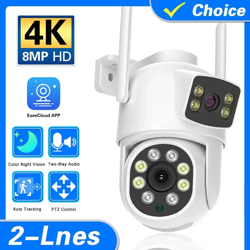 

EseeCloud 4K 8MP Dual Lens Dual Screens Mini Wireless PTZ Camera Two Way Audio Color Night Vision Outdoor Waterproof Wifi Camera