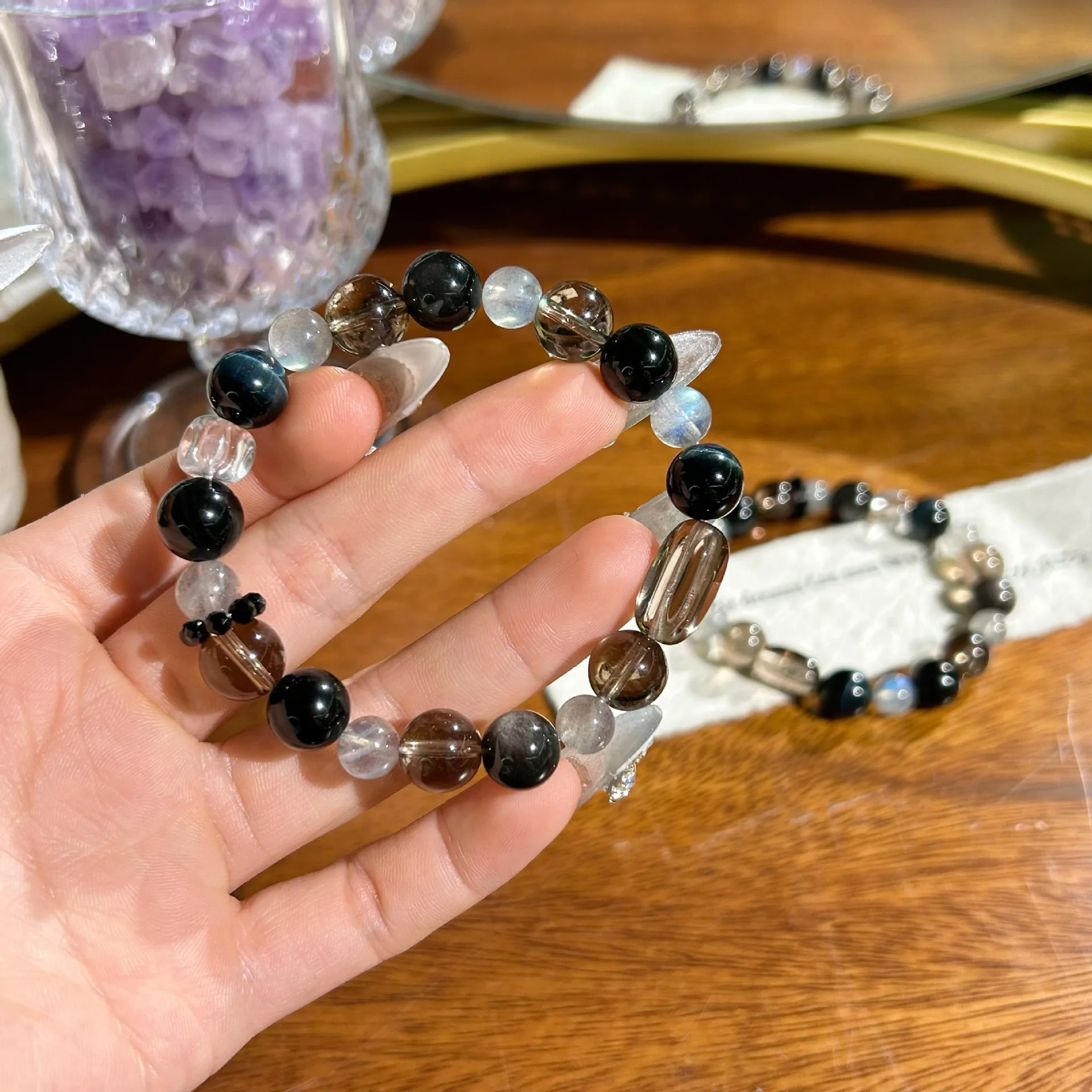 Natural Smoky Quartz Square White Crystal Gray Moonstones Strand Bracelets Lucky Wealth Crystal Beaded Bangle Jewelry for Women view 3
