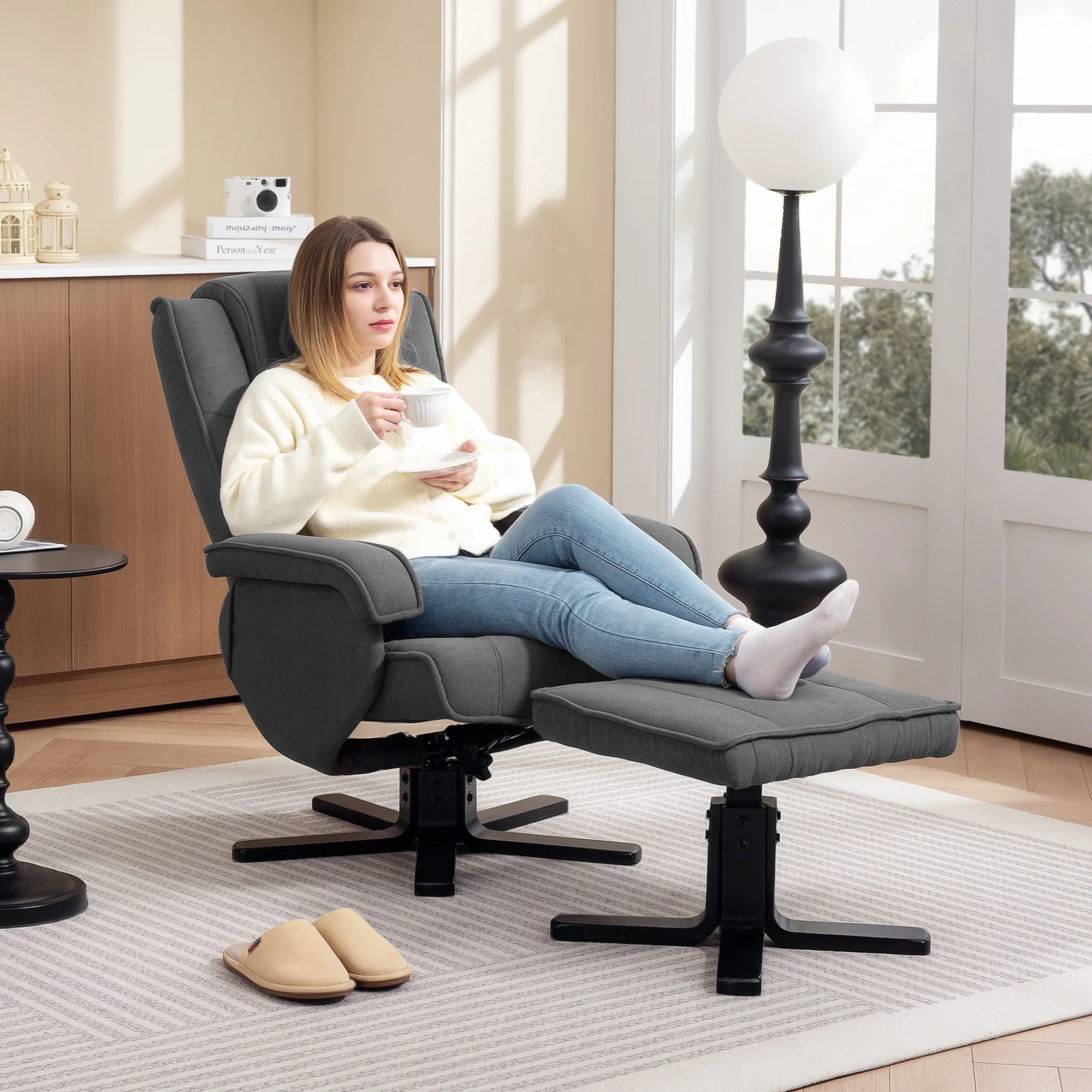 HOMCOM Relaxsessel mit Hocker, 360°drehbarer Fernsehsessel mit Verstellbar Rückenlehne, Liegefunktion, TV-Sessel mit Samtoptik, Kopfstütze für Wohnzimmer, Dunkelgrau