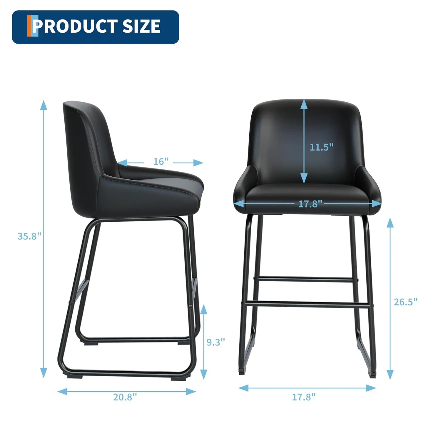 PU Leather Bar Stools 4-Pack with Back & Footrest, Metal Frame Counter Height Chairs for Kitchen Island, Black, Customized