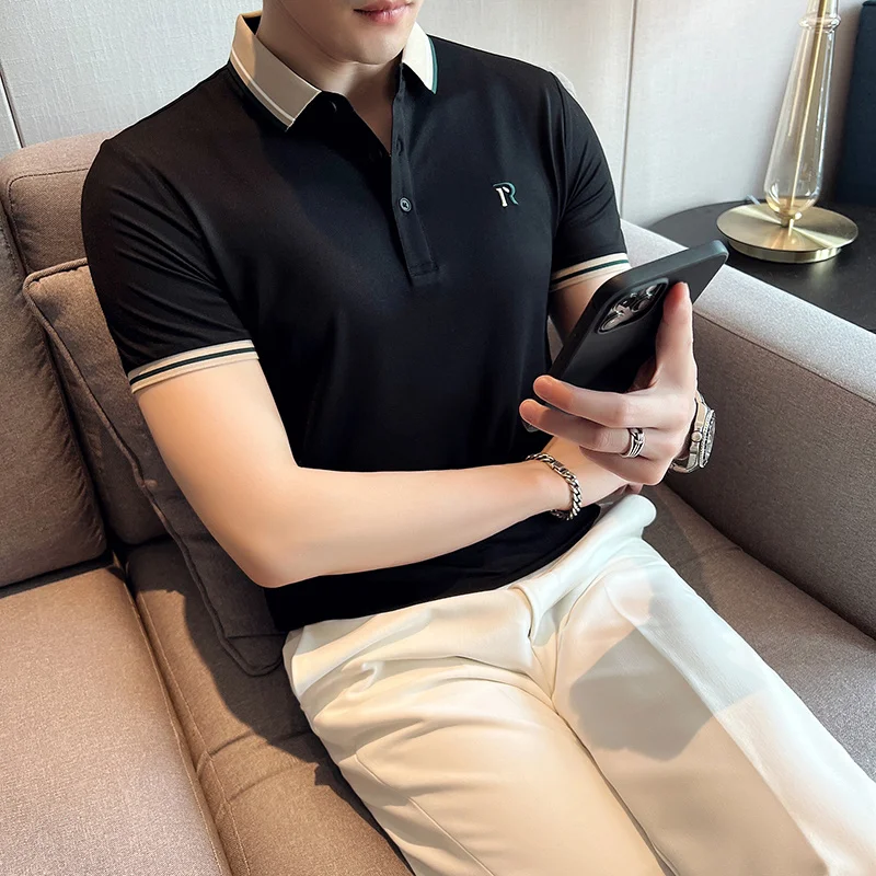 

Summer Business Casual POLO Shirts Men Short Sleeve Slim Lapel T-shirts Breathable Street Wear Social Tee Tops Clothing 5XL