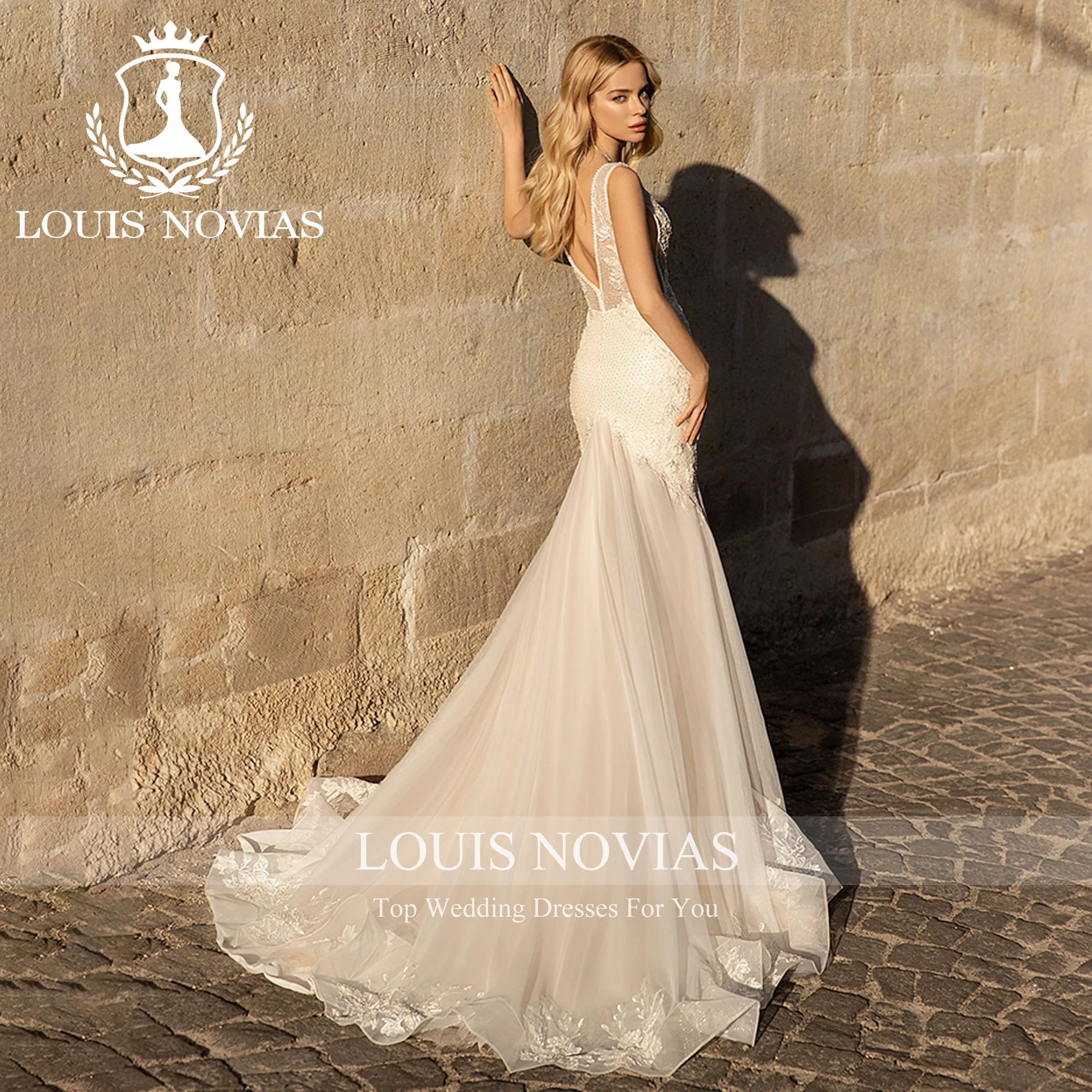 LOUIS NOVIAS 인어 웨딩 원피스, 딥 브이넥 아플리케 구슬 장식, 반투명 매력적인 웨딩 가운, 2023