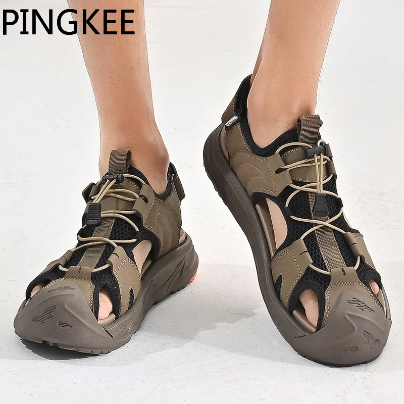 PINGKEE Lace Lock Water Aqua Webbing Lining Toe Bumper Cross Strap Closure Sandals Man Summer Cushion Hiking Sandals For Men