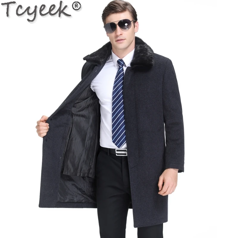 Tcyeek 100% Cashmere Jacket Men Clothing 23 Winter Thickened Woolen Coat Rex Rabbit Fur Liner Casual Male Coats Mink Fur Collar