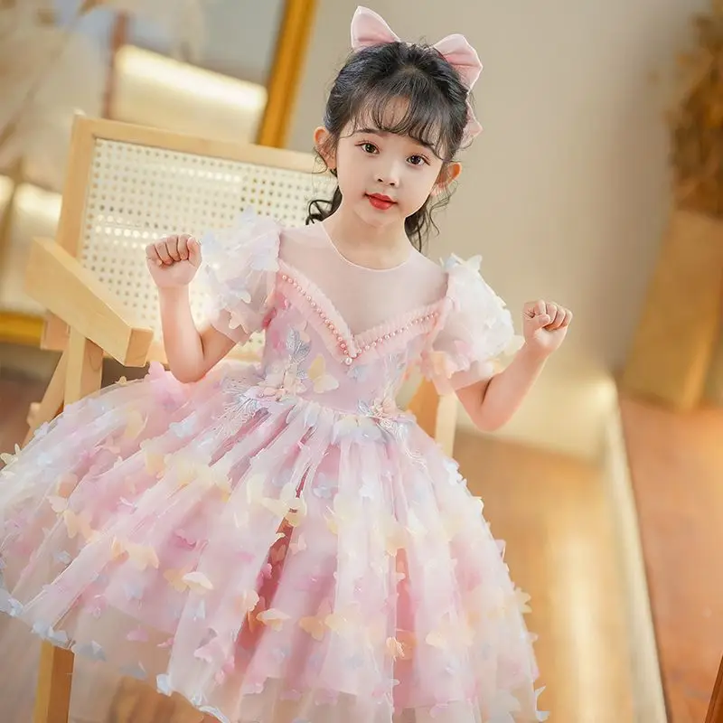 

Children Clothes Girl Wedding Dress 2024 New Puff Sleeve Princess Banquet Dresses Birthday Evening Pink Ball Gown for Kids N28