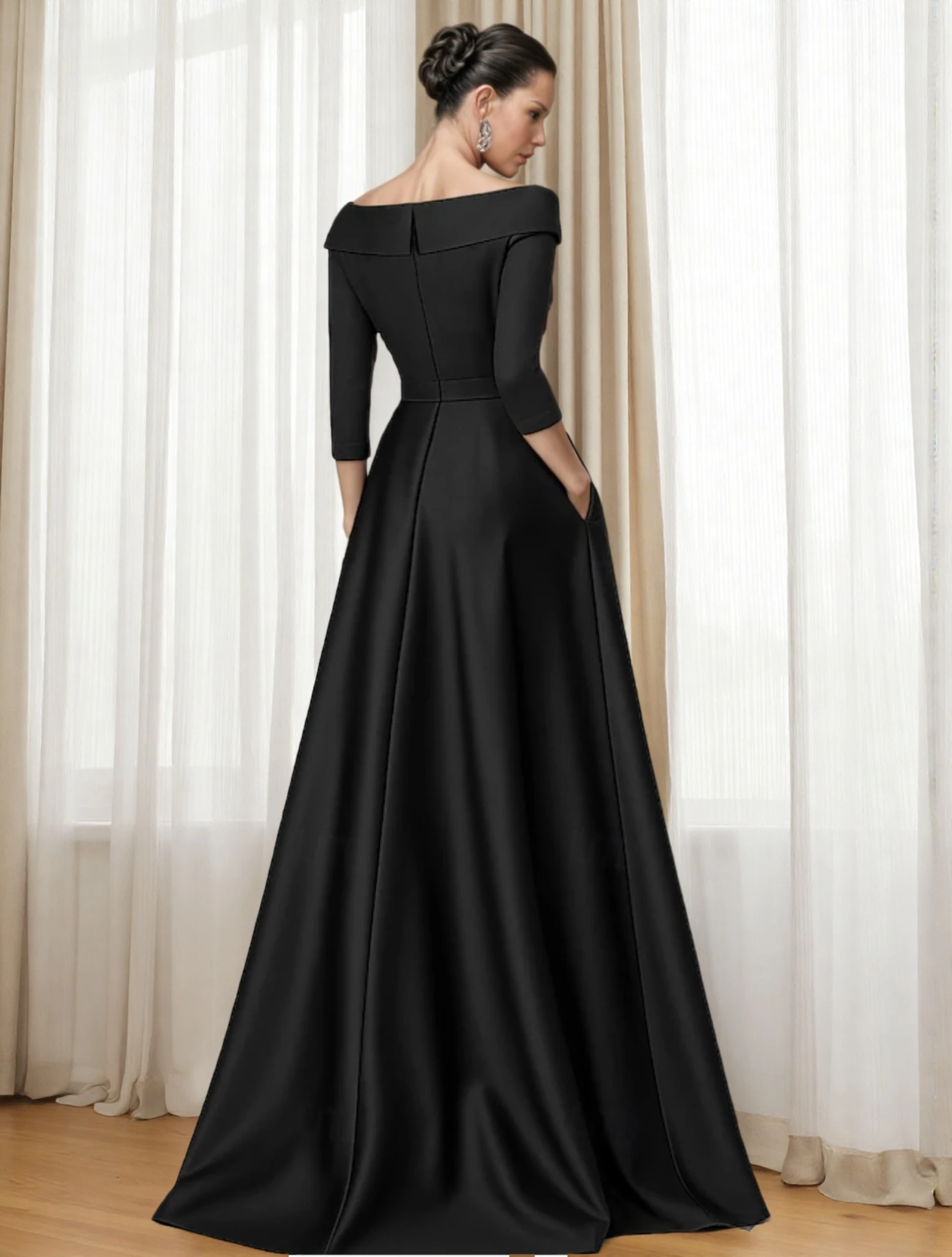 A-Linie Abendkleid, elegantes Kleid, formelle Hochzeitsgäste, bodenlang, 3/4-Ärmel, Hemdkragen, Tasche mit Blumen, 2025