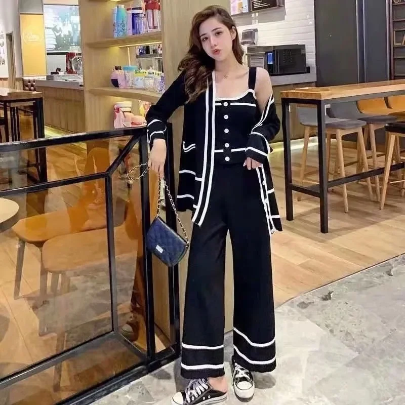 Fashion Contrast Stripe Lapel Cardigan Pocket Top+high-waisted Ankle-length Pants Knitting 2-piece Suit Female Sports Sets N704