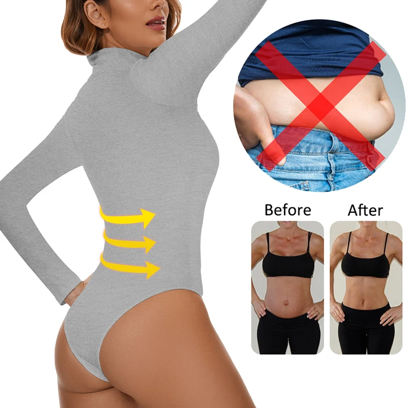 Bodysuit für Frauen Bauch kontrolle Taillen former Langarm Bodys Shape wear mit hohem Kragen einteilige Schlankheit sober teile