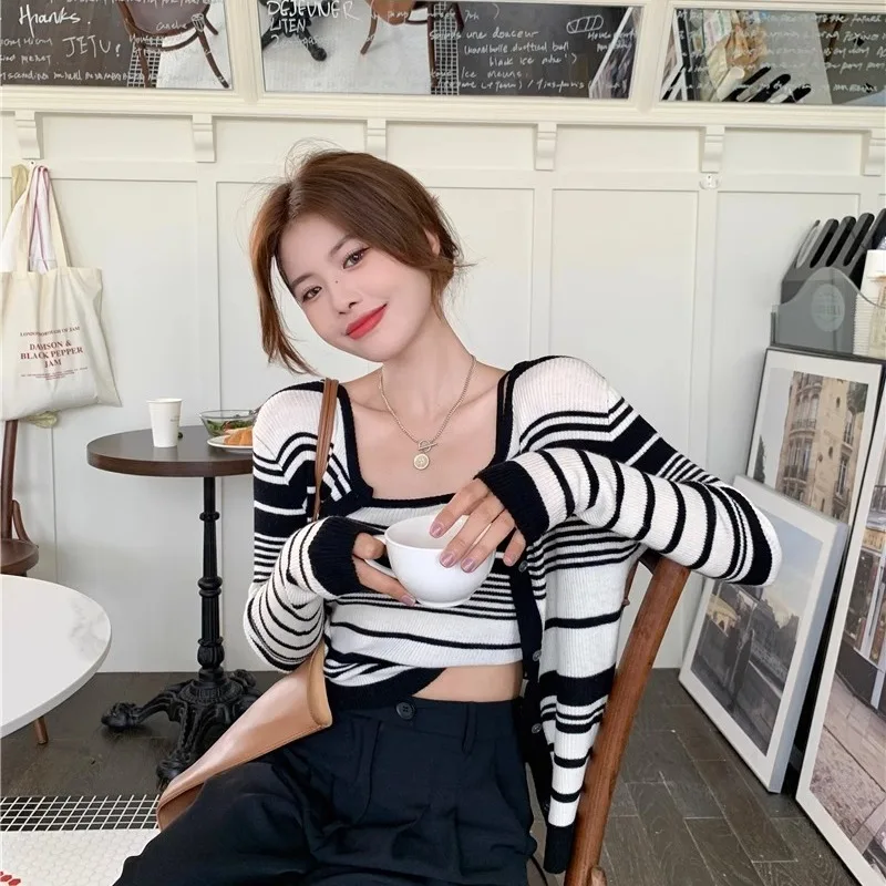 Trend Short Camisole Knitted Cardigan Two-piece Top Striped Thin Sweater Autumn New Long Sleeve Fashion Korean Women Clothing