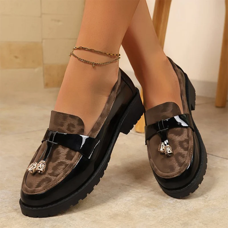 

Vintage Leopard Loafers Shoes for Women Thick Heel Slip On Loafers Woman Spring Autumn Plus Size 35-43 Casual Shoes Ladies