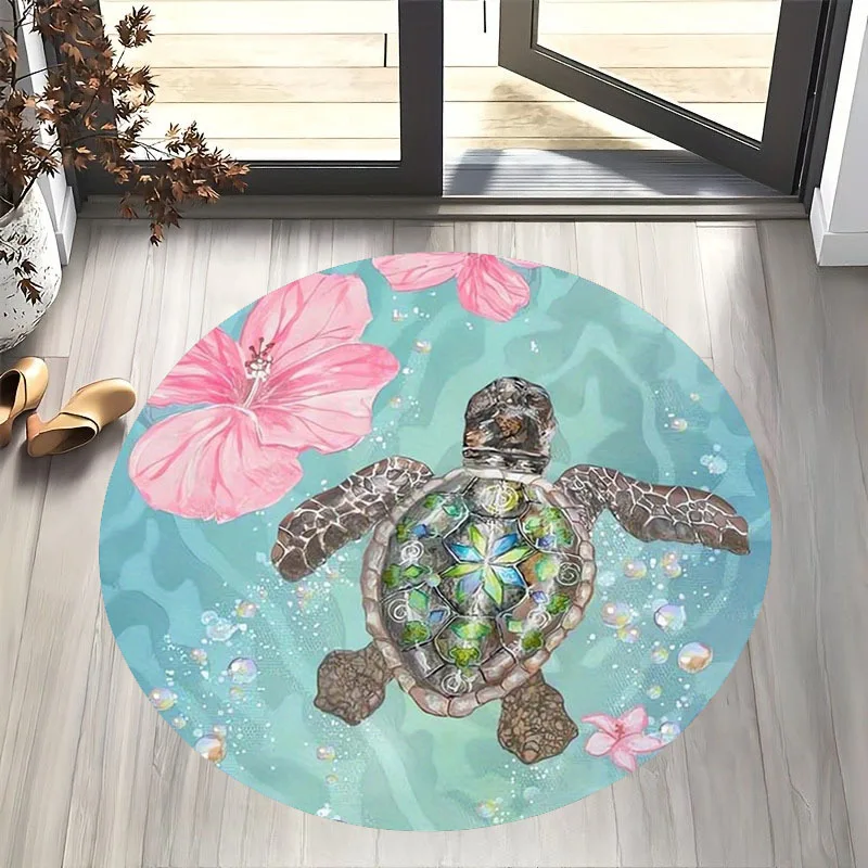Turquoise Blue Sea Turtle Ocean Round Area - Non-Slip Machine Washable Soft with Turquoise Green & Pink Marine Life Design