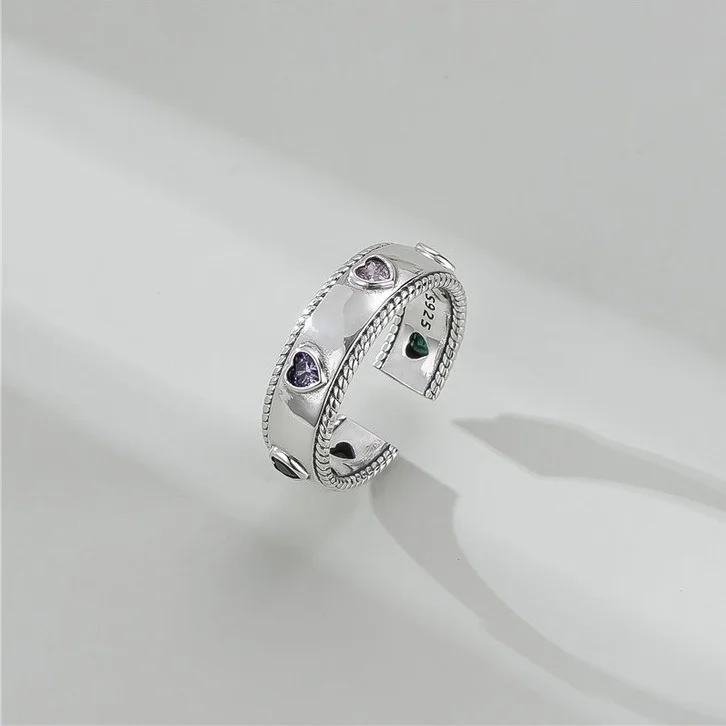 

S925 925 Silver Heart-Shape Rainbow Ring with Light Luxury Retro Fashion Personality Engagement Ring with Zircon Niche Wholesale