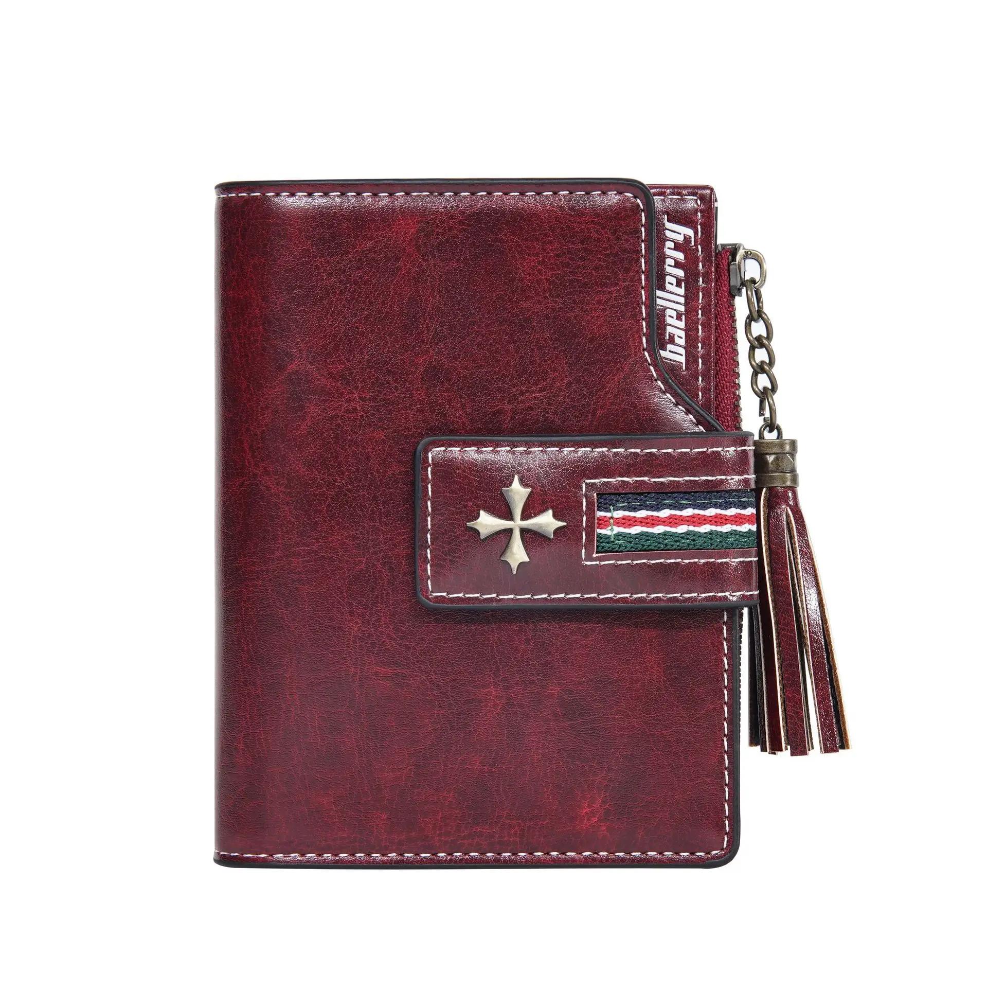 Neue PU-Damenbrieftasche mit Ölwachs-Lederquasten, Modische Dreifach Gefaltete Kurze Geldbörse, Mehrfach-Fach Reißverschluss-Münzbörse – Detail 34