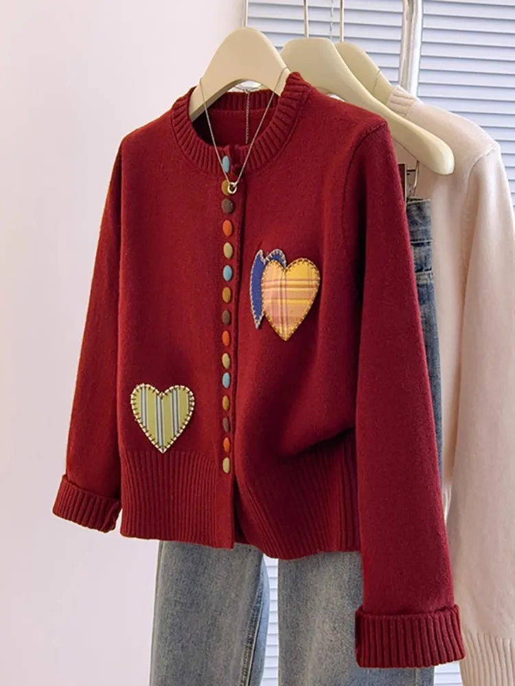 

Colorful Button Heart Embroidered Knitted Cardigan O-neck Long Sleeved Single Breasted Patchwork Women's Sweater New Soft Top