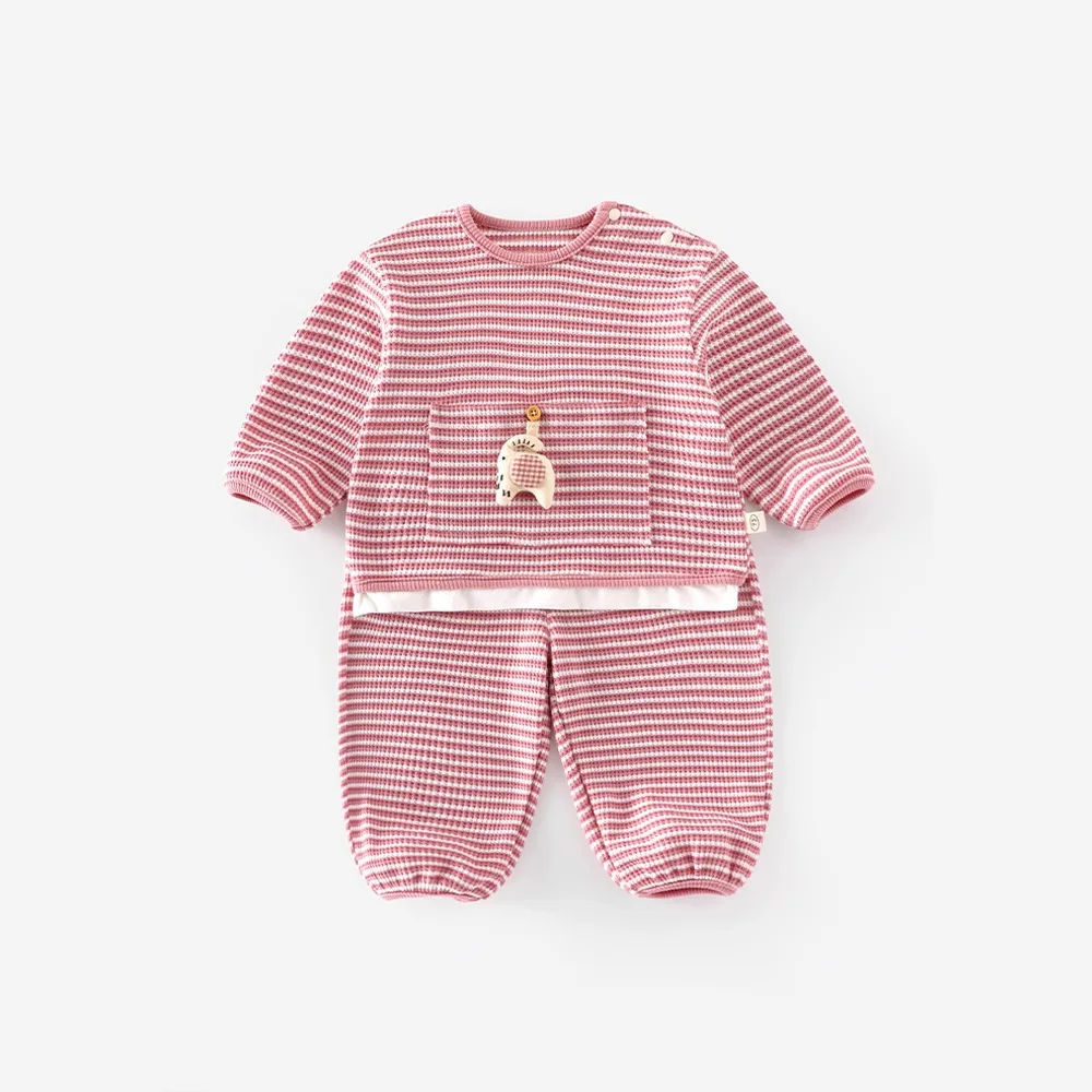 

0-5Y Baby Striped Sweatshirt & Pants Set with 3D Doll Decoration Autumn New Cute Soft Girls and Boys Clothing
