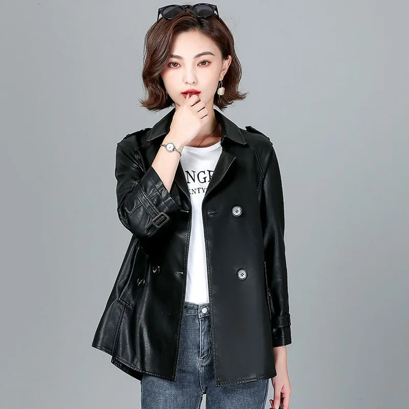 Jaket kulit wanita kulit asli, mantel wanita pendek, temperamen, Lapel, mode, longgar, gaya baru, musim semi, musim gugur, 2024