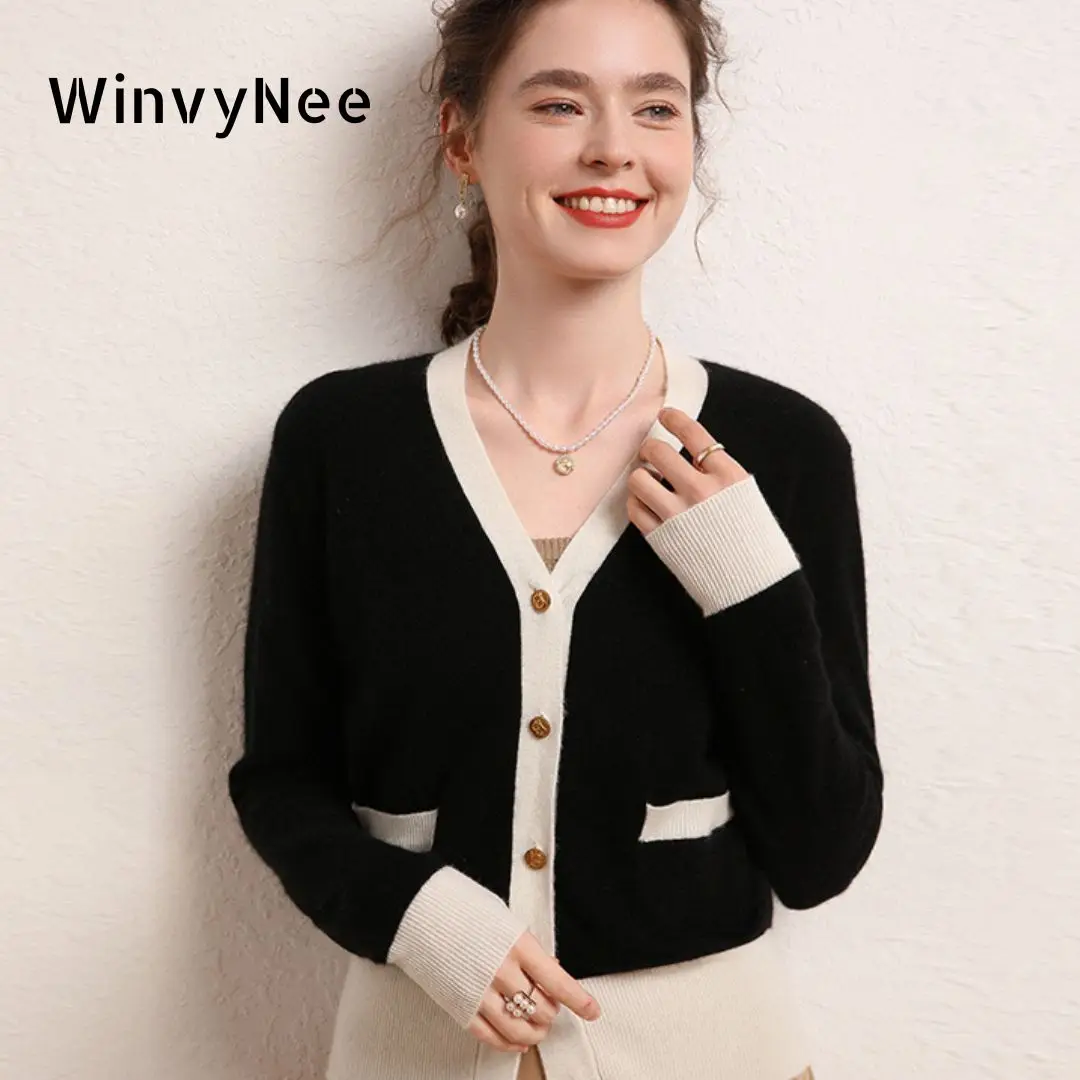 

WinvyNee Women Cashmere Wool Cardigans Sweaters V Neck Solid Casual Loose Designed Outerwears Warm Knitted Coats Winter B1044028