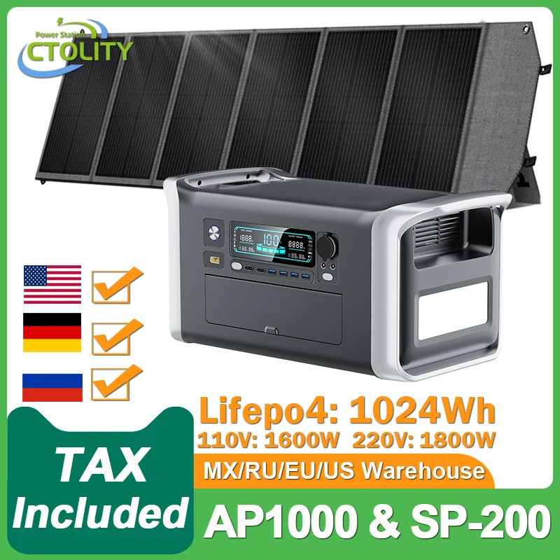 

CTOLITY 1800W Camping Portable Power Station 1024Wh Lifepo4 AC Outlets Outdoor Solar Generator 200W 20.5V USB TYPE-C Solar Panel