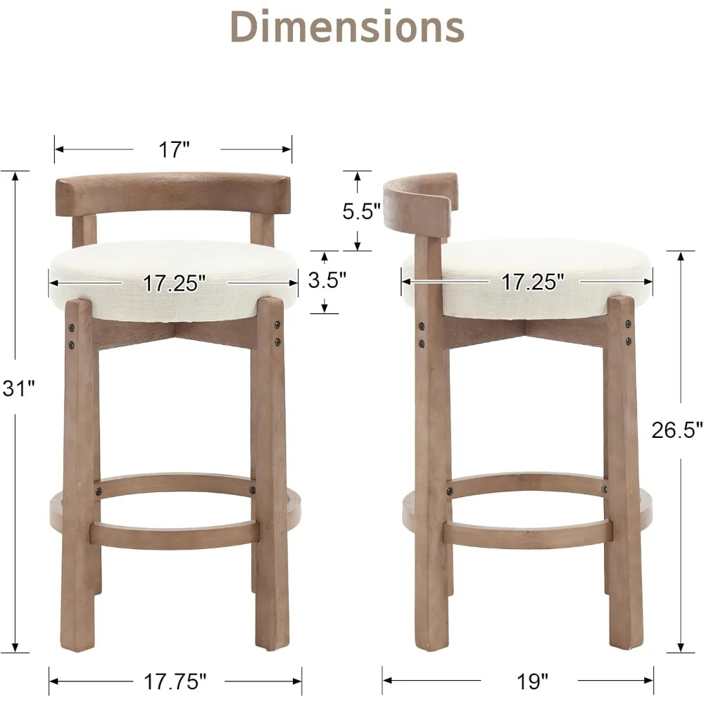 Mid-Century Bar Stools Set of 2, 26.5 Inch Linen Counter Height Upholstered Barstools Bar Chairs with Solid Wooden Legs for Kitc