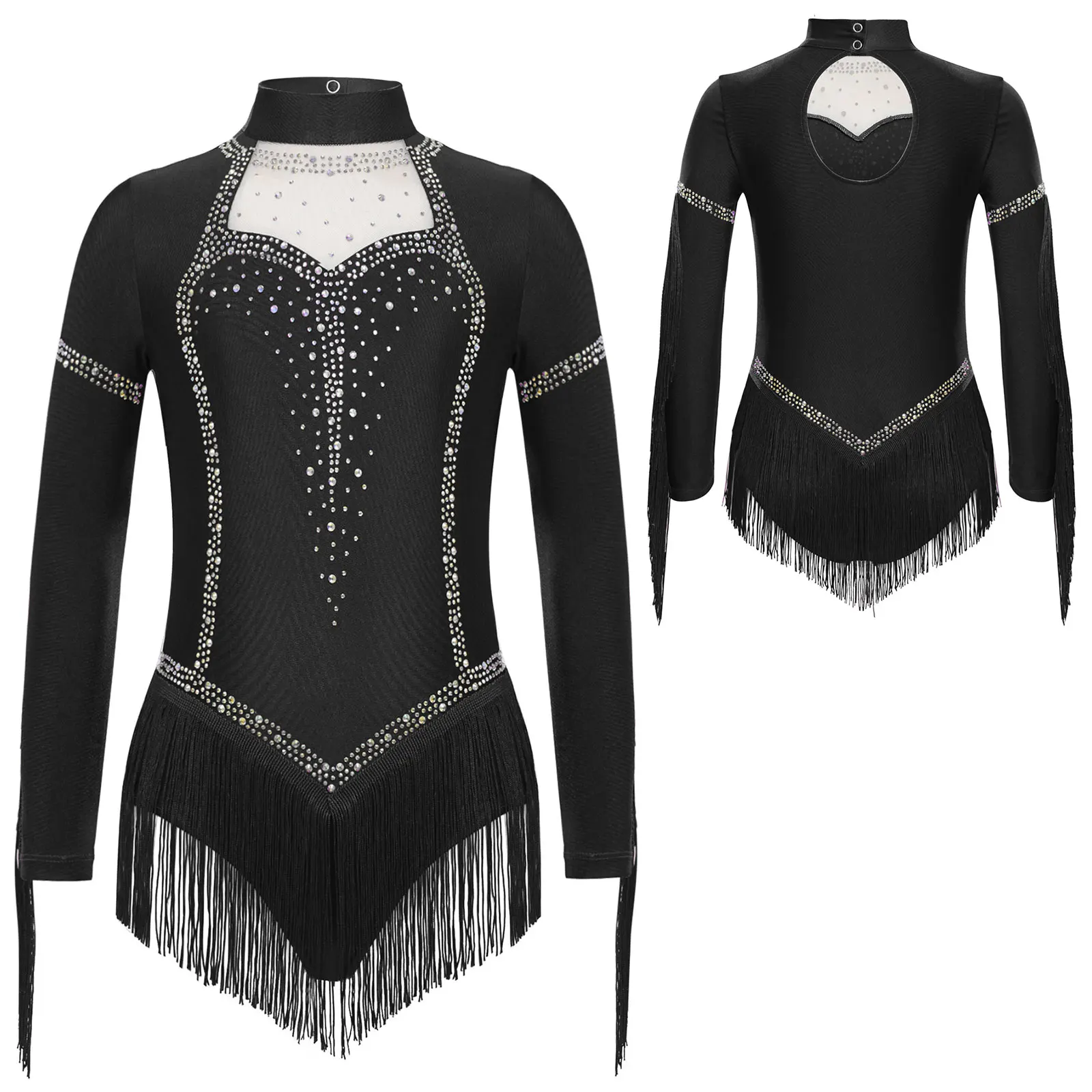 

Girls Latin Fringed Dance Leotard Figure Skating Samba Performance Costume Long Sleeve Rhinestones Gymnastics Tassels Bodysuits