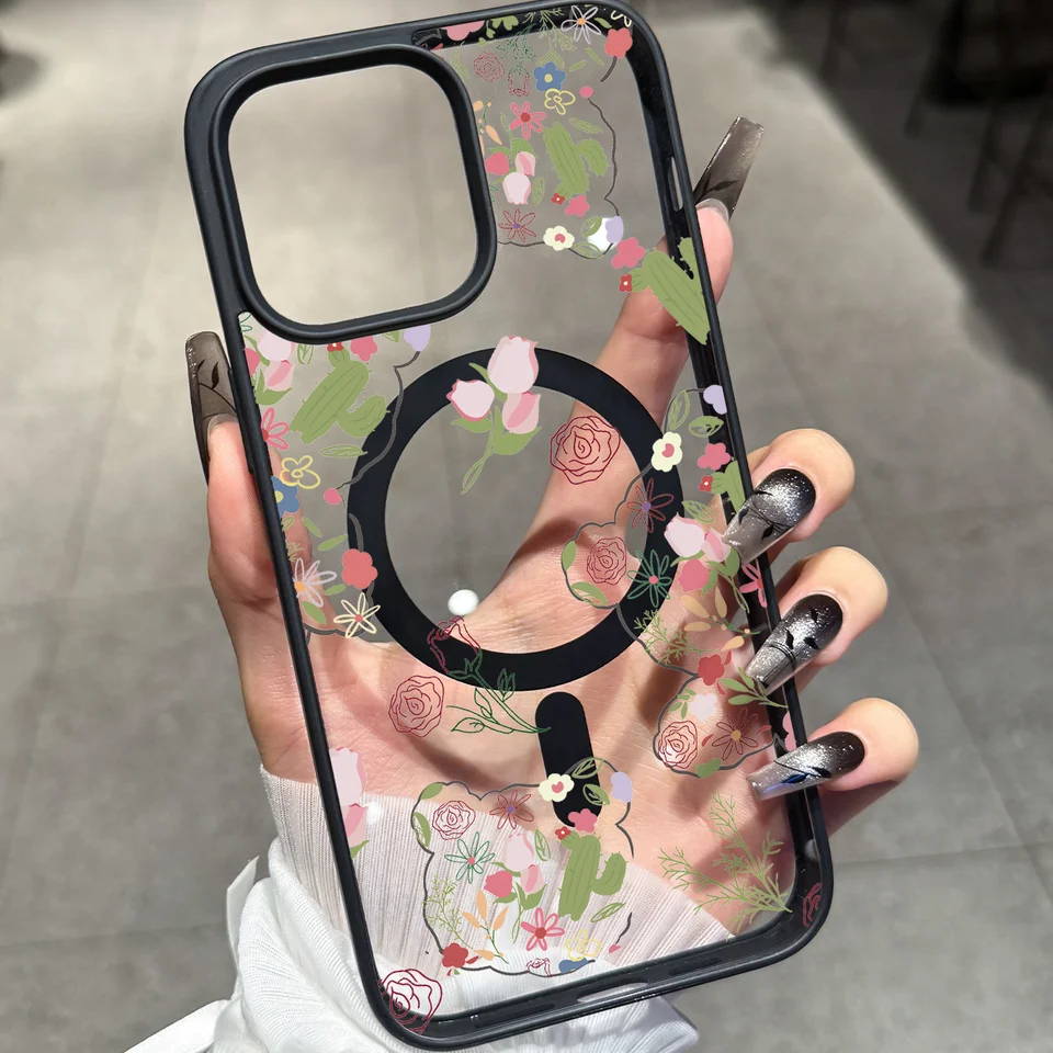 Funda magnética transparente para teléfono con estampado floral creativo en color macarrón, compatible con iPhone 11-17 Pro/Pro Max/Plus/Air y Samsung S23/S24/S25 Plus/Ultra, carga inalámbrica magnética fuerte, universal para todos los accesorios magnéticos. 4