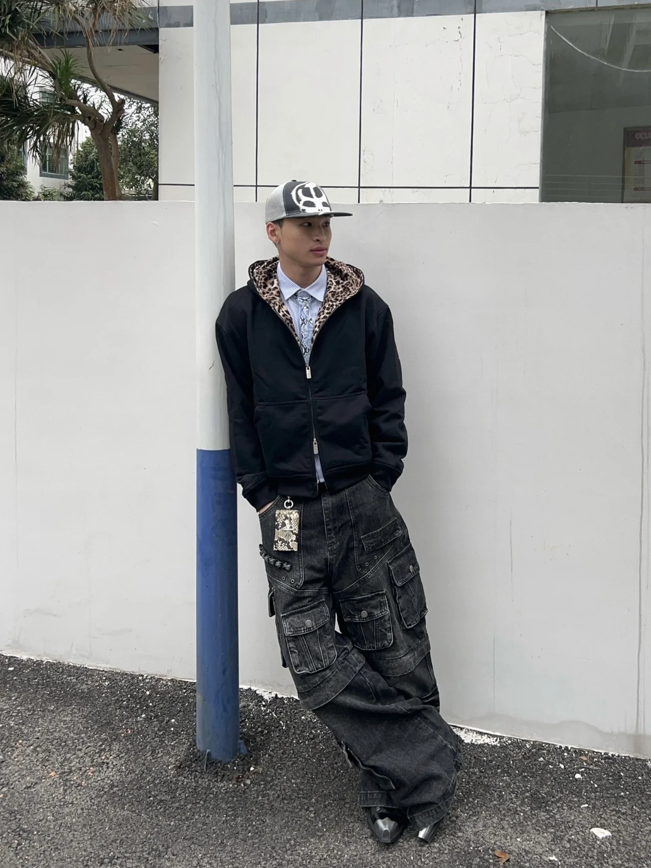 

American Street Sle Hoodie Men's ort Wide Design Sense Double Zipper Open Cardigan Jaet Couple Leopard Print Casual Wear