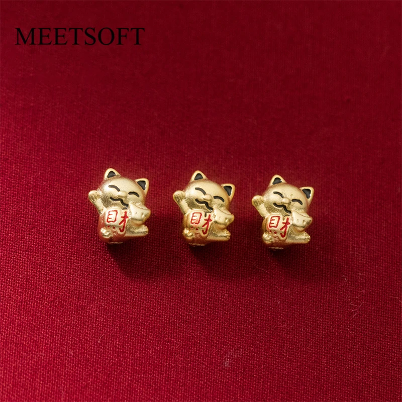 

MEETSOFT 925 Sterling Silver Lucky Cat Glued 3D Kitty Spacer Beads Charms of DIY Handmade Making Supplies Necklace Wholesale