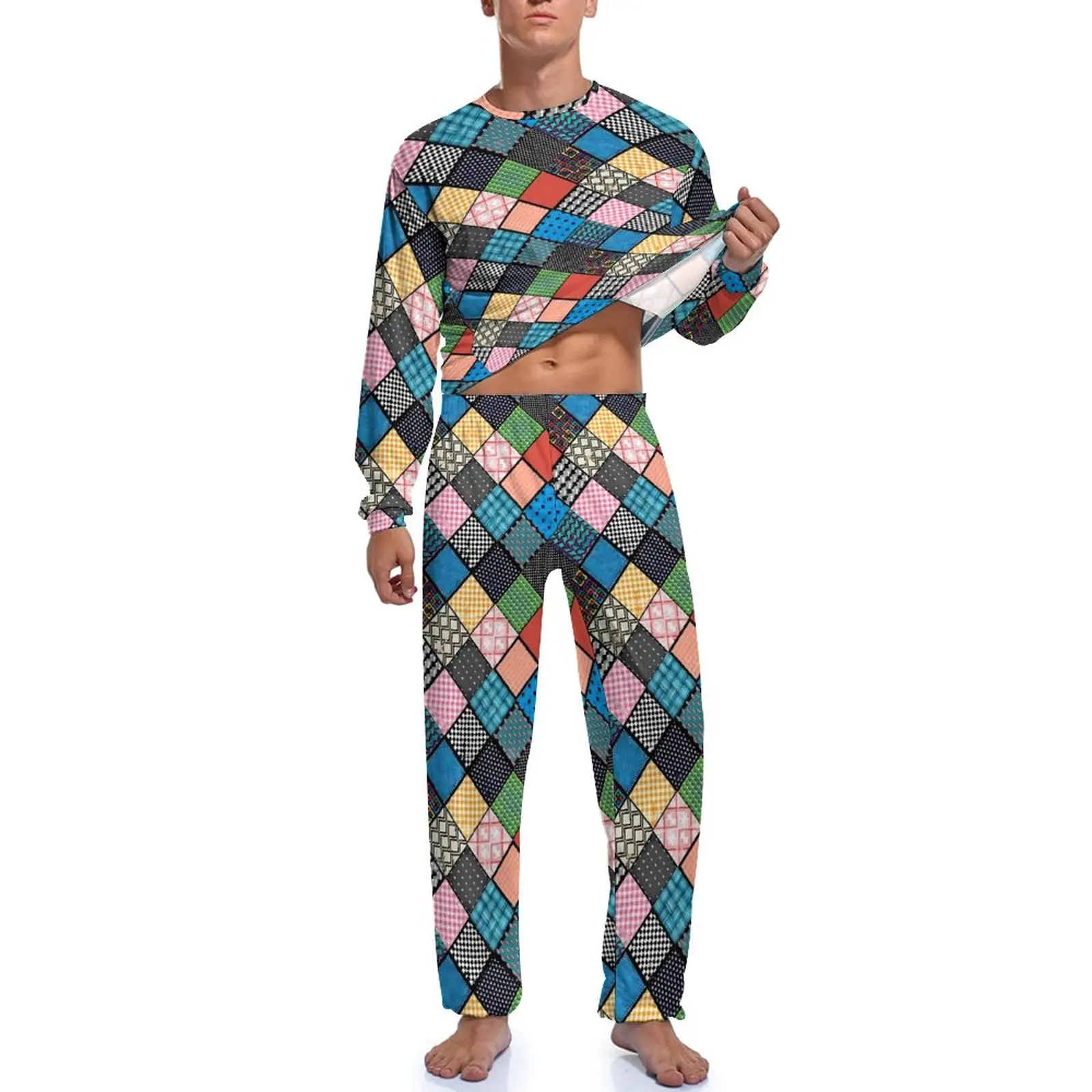 Patchwork Print Pajamas Retro Square Man Long-Sleeve Fashion Pajama Sets 2 Pieces Sleep Spring Design Nightwear Birthday Gift