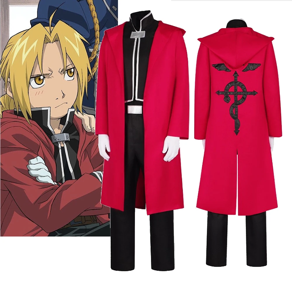 

Anime Alchemist Edward Elric Cosplay Costume Men Hood Long Jacket Pants Suit Halloween Performance Role Play Costume for Adult