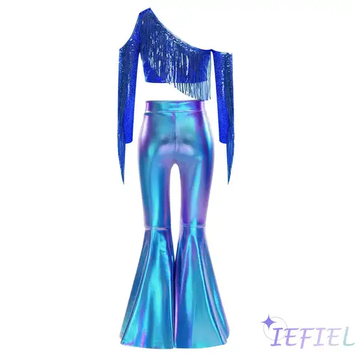 Conjunto de desfile para niñas, Top de lentejuelas con un hombro y pantalones con parte inferior de campana dividida, traje de baile disco para actuación de danza del vientre