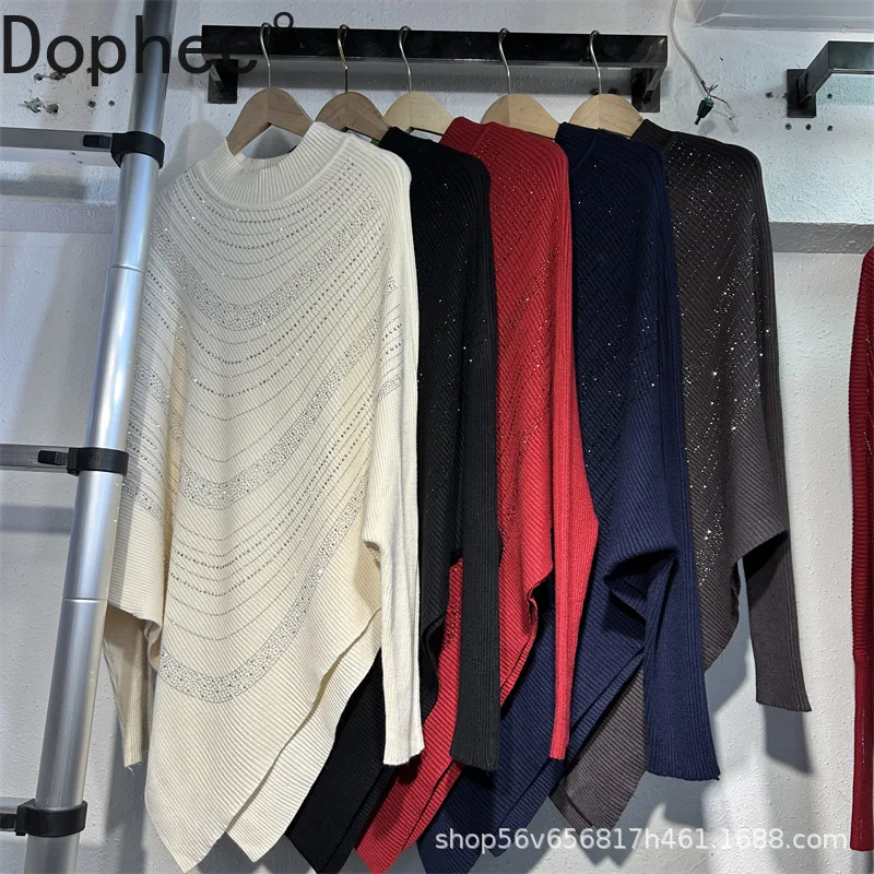 

New Autumn Winter Fashion Irregular Pullover Sweater Top Women Lazy Wind Knitted Shirt Hot Drilling Mid-long Basic Knit Jumpers