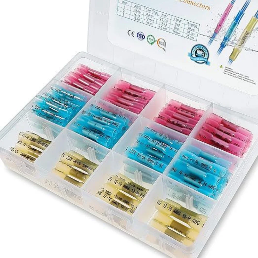 

200PCS Waterproof 3 Szies Red, Blue, Yellow 22-10 AWG Heat Shrink Butt Wire Connectors Automotive Crimp Terminals Kit