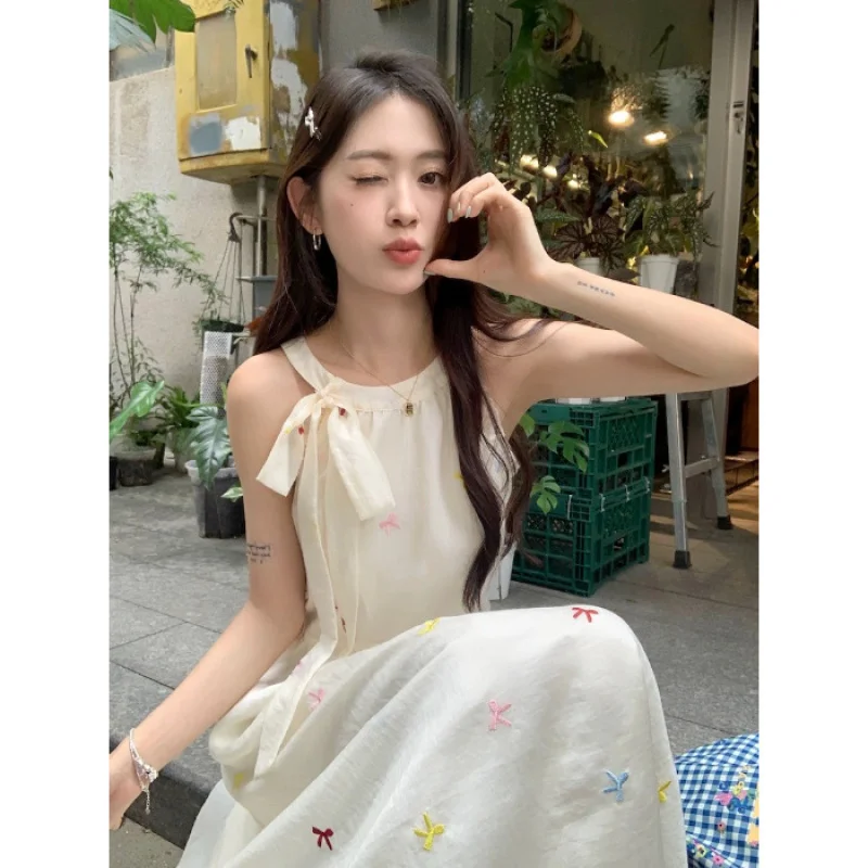 Bowknot Sweet Gentle Off-Shoulder Sleeveless Dress 2025 Summer New Waist-Slimming Elegant Versatile Long Dress
