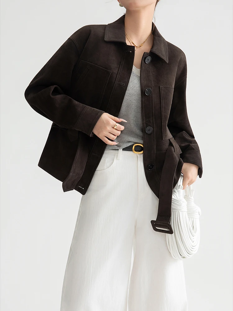 Giacche vintage in vera pelle scamosciata per donna Primavera Autunno 2025 Nuovo cappotto di alta qualità semplice sottile corto in vera pelle di pecora con cintura